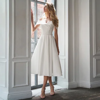 Белое свадебное платье, короткое платье трапециевидной формы с открытыми плечами, простое свадебное платье для женщин 2023, свадебные платья Миди с бисерным поясом чайной длины