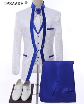 Белый Королевский синий Блейзер, брюки, Сценическая одежда для мужчин, Комплект костюмов, Мужской смокинг, Жених, Свадебная Официальная одежда, 3 шт. Куртка + брюки + жилет