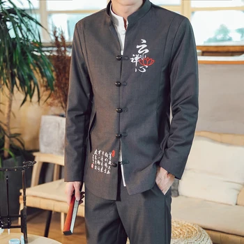 Блейзеры, куртка, брюки, комплект из 2 предметов / 2023 Модный Новый мужской повседневный бутик в китайском стиле со стоячим воротником, льняной костюм, пальто, брюки