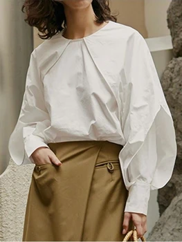 Блузка Женская Винтажный дизайн со складками во французском стиле, Однотонные рубашки, Женская повседневная рубашка на молнии сзади, Шикарные СВОБОДНЫЕ топы с длинным рукавом