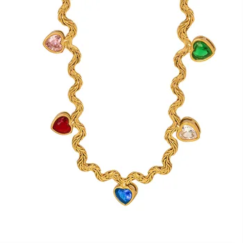 Богемные Многоцветные Хрустальные чокеры в форме сердца для женщин, Винтажное ожерелье с цепочкой из нержавеющей стали, Оптовая продажа ювелирных аксессуаров