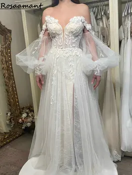 Богемные свадебные платья трапециевидной формы с 3D цветами и открытыми плечами, кружевные свадебные платья с аппликацией на длинных рукавах