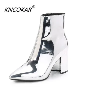 Ботильоны KNCOKAR из яркой кожи с массивным металлом, серебристые ботинки из лакированной кожи, женские короткие сапоги с ворсинками на боковой молнии