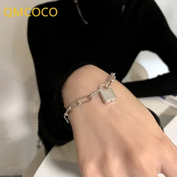 Браслет QMCOCO серебристого цвета, женский модный браслет в стиле хип-хоп, винтажный кулон с замком для пар, Толстая цепочка, ювелирные изделия, подарки на день рождения
