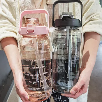 Бутылка для воды объемом 2 л с соломинкой Для женщин и девочек, большие портативные дорожные бутылки, Спортивная чашка для фитнеса, Летняя холодная вода со шкалой времени
