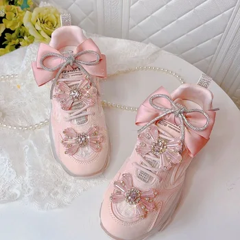 В Корейском стиле С милым розовым бантом, женские массивные кроссовки на платформе, Блестящие Стразы, обувь для папы, Женские Повседневные Спортивные Теннисные кроссовки.