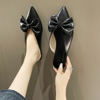 Весенне осенние французские полуботинки Baotou Женская обувь на плоской подошве с острым носком Модная верхняя одежда Повседневные темпераментные сандалии Muller с бабочкой