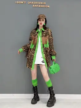 Весеннее Новое модное короткое пальто, рубашка с леопардовым узором и кисточками, подходящая по цвету Индивидуальная повседневная однобортная куртка с длинным рукавом