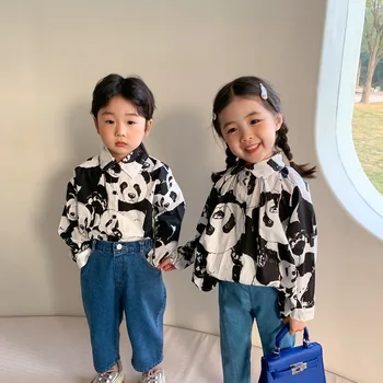 Весенние модные рубашки с длинными рукавами и принтом панды для мальчиков и девочек 2022, повседневная одежда для братьев и сестер, топы