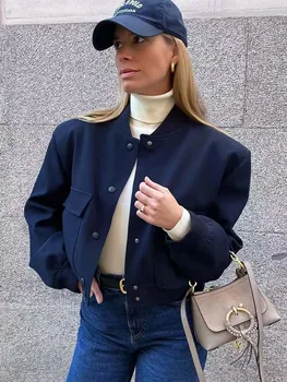 Винтажная укороченная куртка, женская весенне-осенняя однобортная куртка-бомбер с длинным рукавом и карманами, женские модные уличные пальто