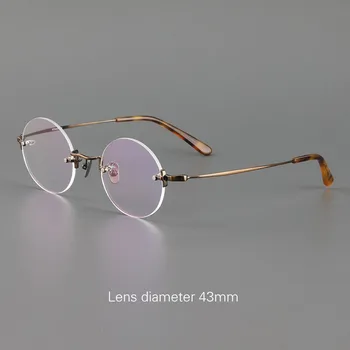 Винтажные круглые очки для пресбиопии из титана и золота без оправы для чтения, очки для круглой близорукости по рецепту врача, диаметр линзы 43 мм