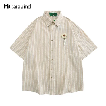 Винтажные мужские рубашки в цветочную полоску, хлопковые летние новинки с коротким рукавом, хип-хоп Повседневные Свободные Японские модные дизайнерские рубашки
