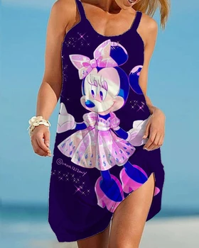 Винтажные платья Disney sling с принтом Микки Мауса оверсайз, повседневное свободное длинное женское летнее элегантное пляжное платье для вечеринки