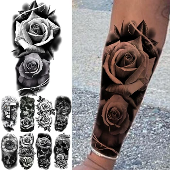 Временные татуировки на предплечье с 3D Черной Розой Для женщин и мужчин, Череп Льва, Компас, поддельная татуировка, Водонепроницаемая Татуировка в стиле боди-арт