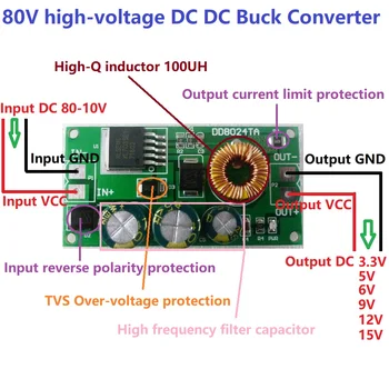 Высоковольтный Преобразователь постоянного тока EBike DC-DC Понижающий Регулятор 1A HV Высоковольтный Преобразователь постоянного тока DC от 10-80 В до 6 В Модуль