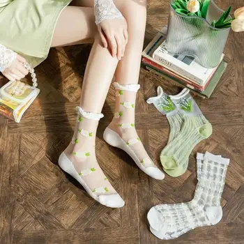 Вышитые цветы, прозрачные супертонкие короткие чулки, кружевные ажурные носки на резинке в милом стиле для женщин и девочек