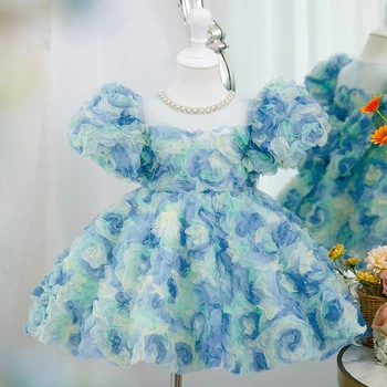 Голубое изысканное детское бальное платье для девочек из тюля с цветочным бисером, милое платье принцессы с пышными рукавами для 2-8 лет