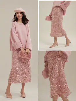 Горячая распродажа женской одежды 2023 Модная розовая юбка-футляр, сексуальная блестящая юбка-карандаш с пайетками