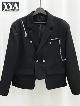 Готический черный мужской костюм Jakcet, модные дизайнерские блейзеры на молнии с цепочкой, свободные, повседневные, с длинным рукавом, мужские короткие пальто для хай-стрит в корейском стиле