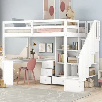 Двуспальная кровать-чердак с Г-образным столом и выдвижными ящиками, шкафчиком и лестницей для хранения, белая