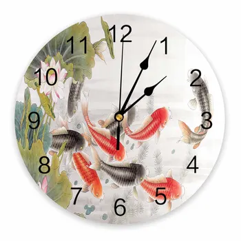 Декоративные Круглые настенные часы Lotus Carp с арабскими цифрами, Не Тикающие Настенные часы, Большие Для спален, ванных комнат