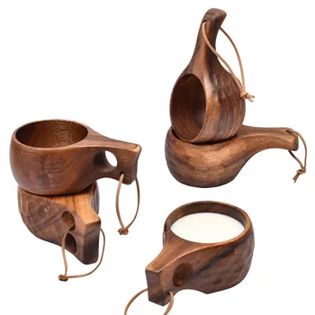 Деревянная чашка для молока ручной работы, кофейные кружки из дерева акации, Тассе с ручкой из веревки для переноски, Походные чашки для напитков, артефакты, кухонные инструменты