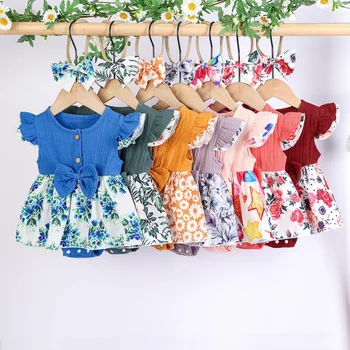 Детская одежда, хлопковые боди, однотонный комбинезон с цветочным рисунком и оборками по краям, летняя одежда для новорожденных девочек 0-18 м