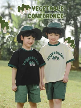 Детская футболка с буквенным растительным принтом, контрастный вырез, крутая футболка с коротким рукавом, летний тонкий повседневный топ для мальчиков