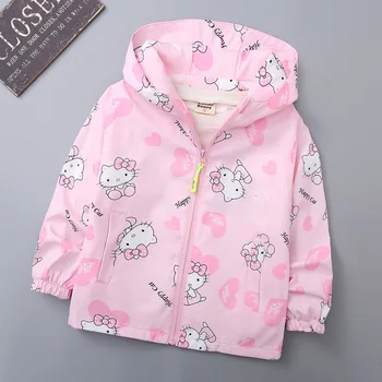 Детские весенне-осенние куртки для девочек, пальто с рисунком Sanrio Hello Kitty, ветровка с рисунком Каваи для маленьких девочек, пальто с капюшоном