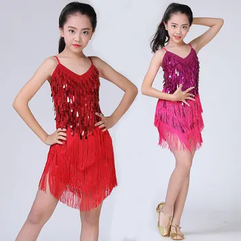 Детские платья для девочек, платье для латиноамериканских танцев для выступлений, детское платье для бальных танцев, красные платья для девочек, платье для латиноамериканских танцев с бахромой