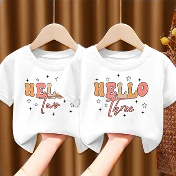 Детские рубашки Hello Two / Three для мальчиков и девочек, Летние футболки на день рождения, футболки с коротким рукавом, Размер детской одежды для вечеринок 1-5 лет, топы