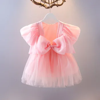 Детское платье для девочек, тюлевое платье принцессы с открытой спиной и бантом, летняя одежда для маленьких девочек, платье для свадьбы, дня рождения, детский наряд A1049