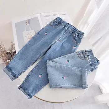 Джинсовые брюки из денима для детей, джинсы с вышивкой для девочек, весенне-летняя джинсовая детская одежда в повседневном стиле для девочек G131