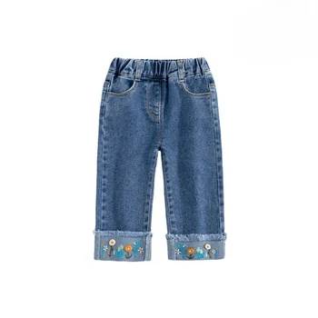 Джинсы для девочек, весенние новые модные детские свободные брюки, повседневные однотонные брюки для девочек