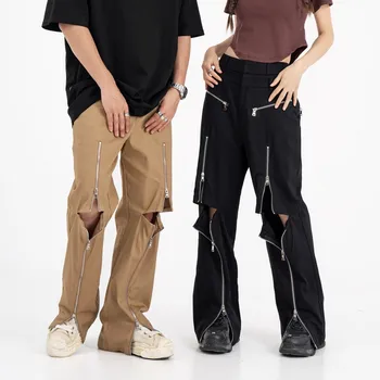 Дизайнерские брюки-карго с отверстиями на молнии, мужская Широкая одежда Y2k, брюки для мужчин, женские брюки в готическом стиле, мужская зимняя мода