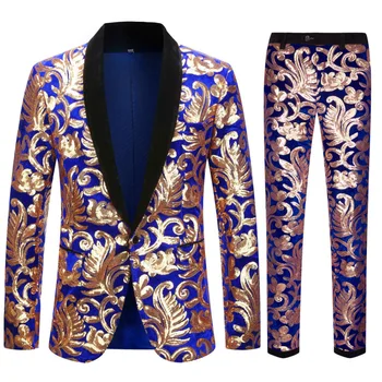 Европейский размер (блейзер + брюки) мужской костюм, модный превосходный синий бархатный костюм с золотыми блестками, свадебное платье для жениха, комплект из 2 предметов