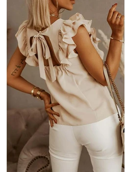 Женская белая рубашка без рукавов С оборками, блузка на шнуровке с открытой спиной, однотонные женские рубашки с круглым вырезом, Летний Свободный повседневный модный топ 2023 года