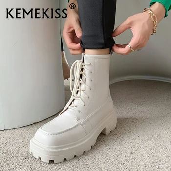 Женская обувь KemeKiss из натуральной кожи, ботильоны на толстом каблуке, платформа, зимняя модная женская обувь на шнуровке, Размер 34-41