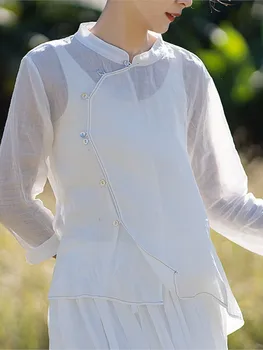 Женская простая повседневная рубашка Ramie в стиле ретро, 2023 Новая летняя блузка на пуговицах-стойках с длинными рукавами, тонкие прозрачные, прохладные и освежающие топы. Блузка