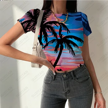 Женская футболка с круглым вырезом и коротким рукавом, Обтягивающая футболка с 3D-принтом, летняя мода, женский облегающий топ с коротким рукавом с пейзажным принтом