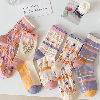 Женские носки нового стиля, модные хлопчатобумажные носки с милым цветочным рисунком в стиле ретро и винтаж, повседневная уличная одежда в японском стиле Харадзюку