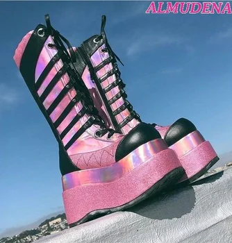 Женские розовые кожаные сапоги до колена с блестками на платформе, на шнуровке, роскошные дизайнерские разноцветные ботинки на молнии, Большие размеры обуви ручной работы