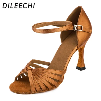 Женские туфли для латиноамериканских танцев DILEECHI salsa, туфли для бальных танцев, бронзовый каблук, 85 мм, атласная мягкая подошва