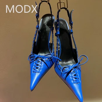 Женские туфли-лодочки высокого качества с металлическими заклепками на шнуровке, гладиаторские туфли из натуральной кожи на высоком каблуке, пикантные плетеные туфли с острым носком и пряжкой 40