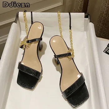 Женские туфли-лодочки с ремешком на щиколотке, женская обувь на высоком каблуке, Новинка 2023 года, женские босоножки с металлической цепочкой, слайды, Римская обувь с квадратным носком
