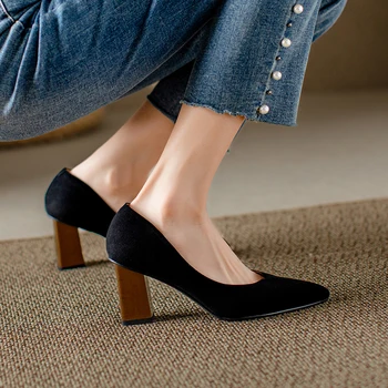 Женские туфли на высоком каблуке с заостренным носком, классические туфли на массивном каблуке, кожа, весенние туфли, 40.