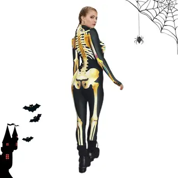 Женский комбинезон-скелет с 3D принтом, костюм для косплея на Хэллоуин с застежками-молниями, облегающий комбинезон для вечеринок на Хэллоуин