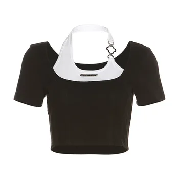 Женский Розовый Черный укороченный топ Y2K, Короткий Тонкий Гранж, Эстетичная футболка Harajuku с коротким рукавом, винтажные летние футболки Kawaii