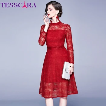 Женское весеннее элегантное кружевное платье TESSCARA, праздничный женский офисный халат для коктейльной вечеринки, высококачественное винтажное дизайнерское красное платье
