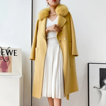 Женское длинное шерстяное пальто с воротником из натурального лисьего меха, утепляющая куртка, верхняя одежда, женская уличная одежда